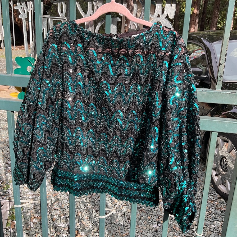 C-Black and Teal Sequin Wave-Pattern Blouse